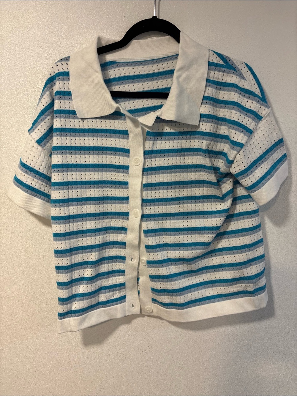 Woman’s Short-Sleeve Striped Polo Cardigan - White & Teal